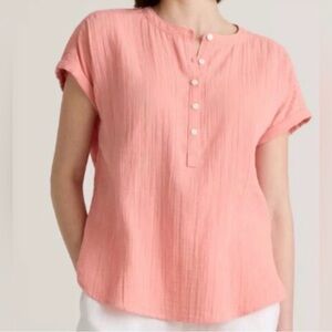 Quince Womens XL 100% Organic Cotton Gauze Roll Sleeve Shirt Coral Blush NWT